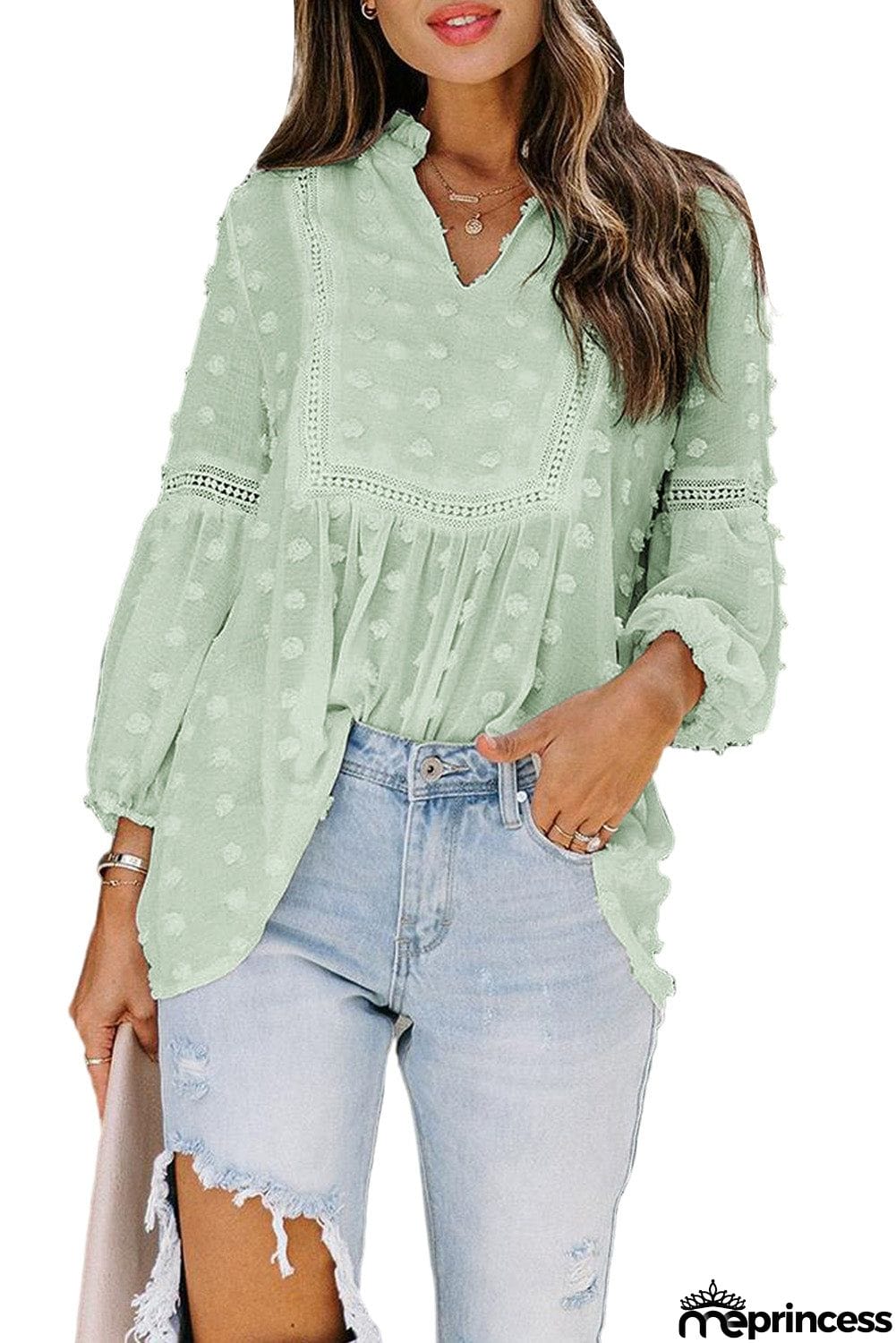 Ruffled Split Neck Lace Hollow Out Puff Sleeve Polka Dot Blouse
