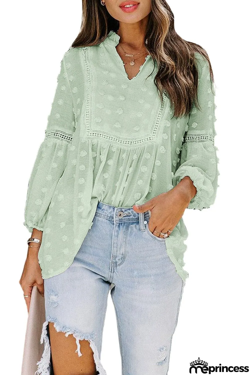 Ruffled Split Neck Lace Hollow Out Puff Sleeve Polka Dot Blouse