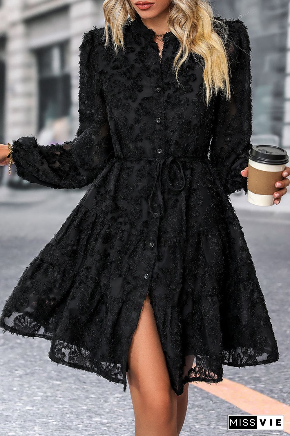 Elegant Solid Flounce Mandarin Collar A Line Dresses
