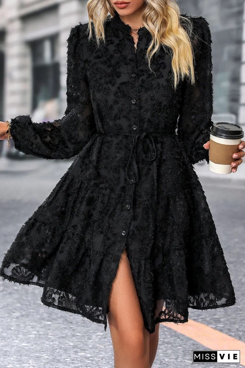 Elegant Solid Flounce Mandarin Collar A Line Dresses