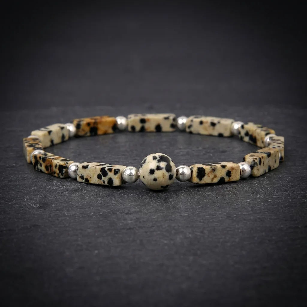 JiStones Artisan Natural Gemstone Bar Bracelet - Handcrafted Geometric Charm for Modern Elegance Dalmatian Jasper