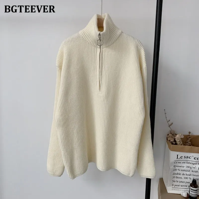 BGTEEVER Thick Turtleneck Zippers Women Sweaters Jumpers for Women 2021 Autumn Winter Loose Full Sleeve Female Knitted Pullovers