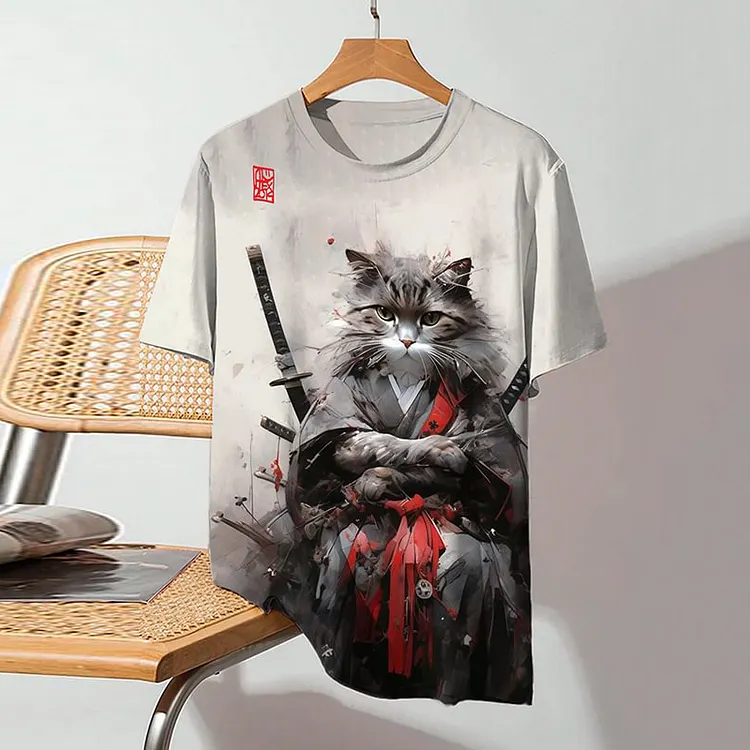 Japanese Samurai Cat Art Print Retro T-Shirt