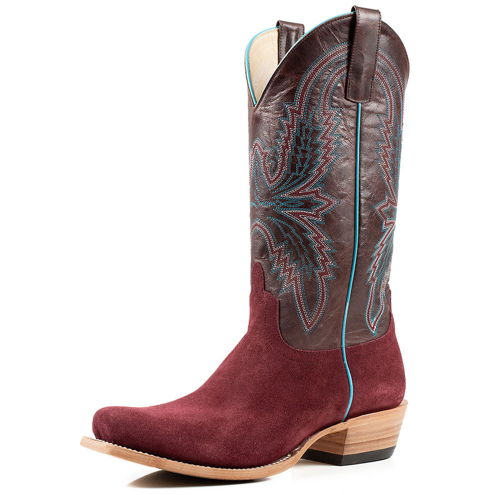 Maroon & Brown Square Toe Embroidered Cowgirl Boots with Chunky Heel