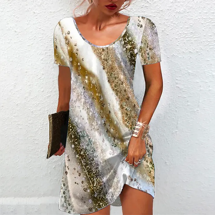 Casual Abstract Print Round Neck Loose Fit Midi Dress