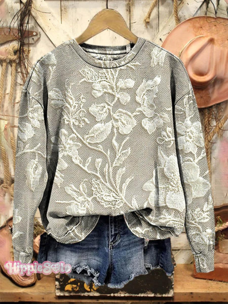 Vintage Lovely Lace Floral Pattern Art Print Casual Sweatshirt Multicolor / S