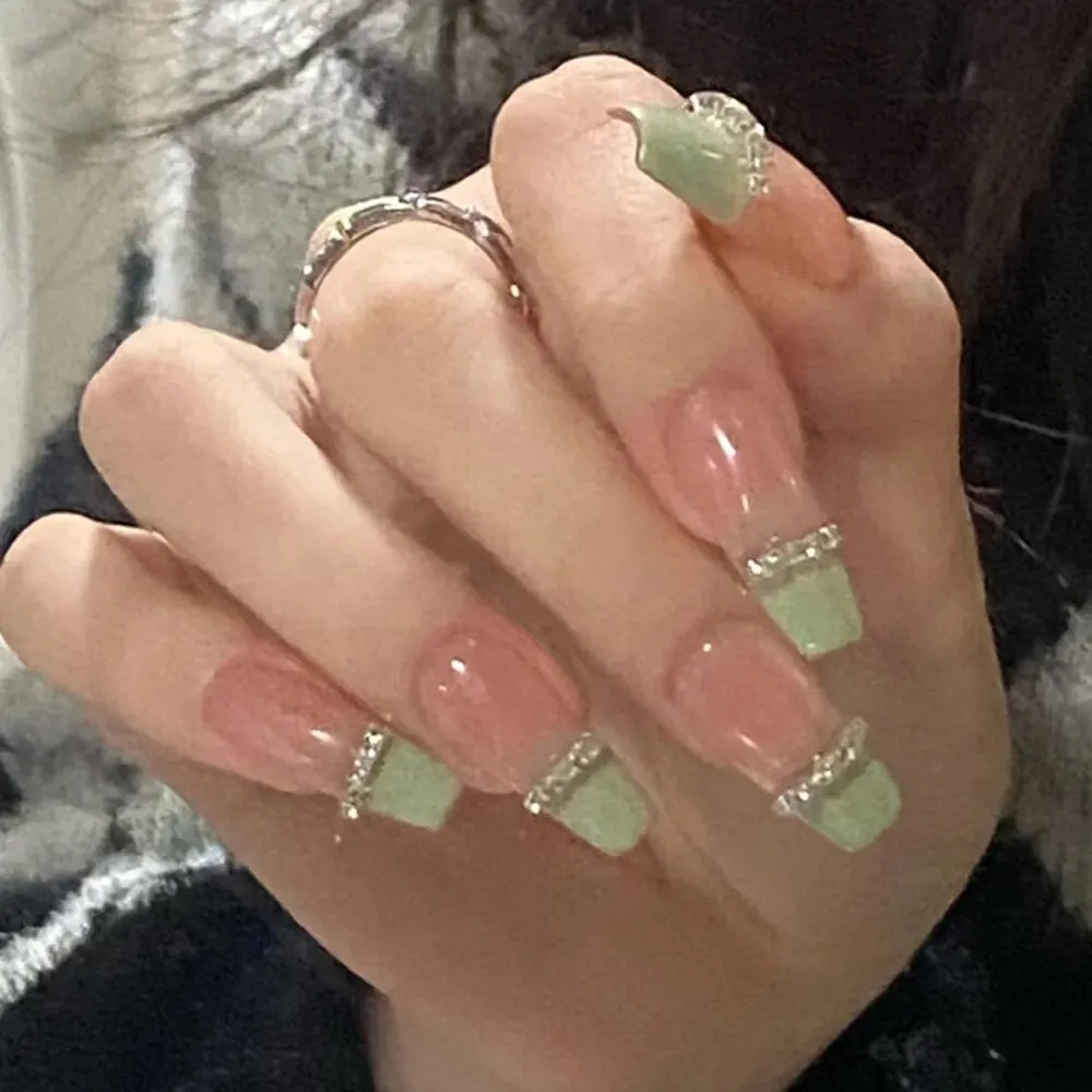 24PCS Press On Nails with Diamond Butterfly Design White Fake Nails Coffin Ballet False Nails Manicure Salon DIY  Full Finished-Nail Inspo