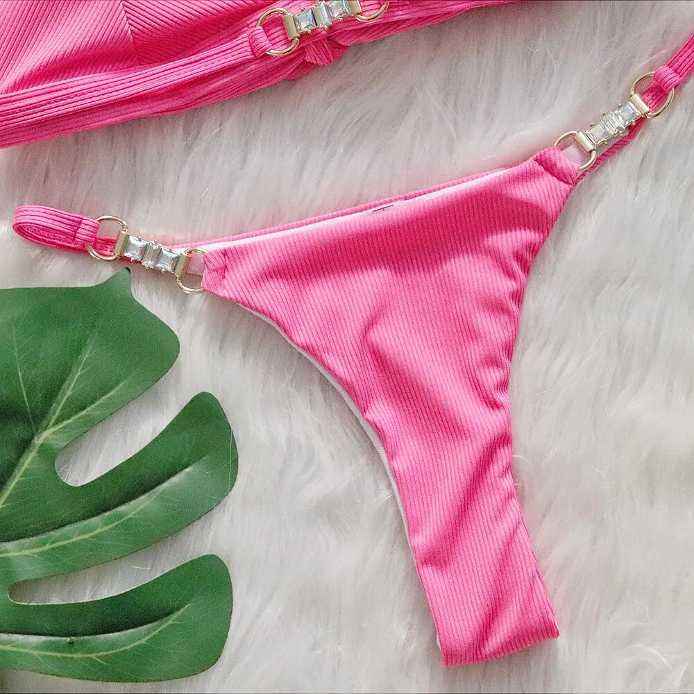 Uveng Uveng 2024 New Crystal Diamond Bikini Sexy Stripe Strap Split Swimsuit Vacation Women's Swimsuit
