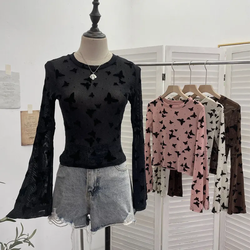 Brownm Real Shooting Spice Girl Butterfly Shiny Shiny Mesh Yarn Long-Sleeved T-Shirt Horn Sleeve Short Repair Body Jacket 8031