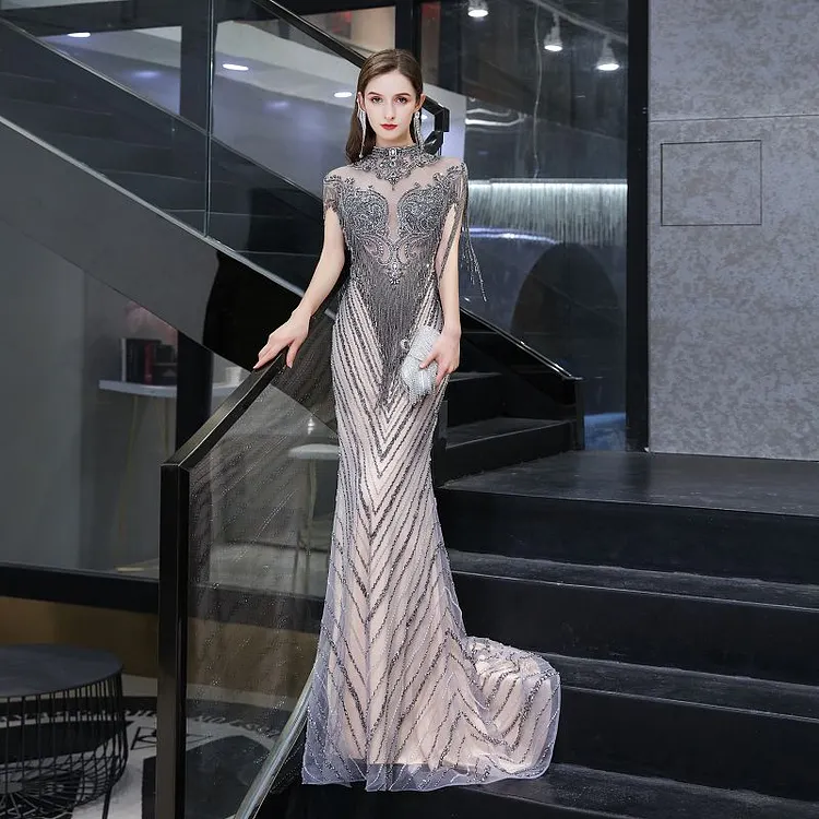 Women's High Neck Sequins Mermaid Gown Long Prom Evening Party Dress