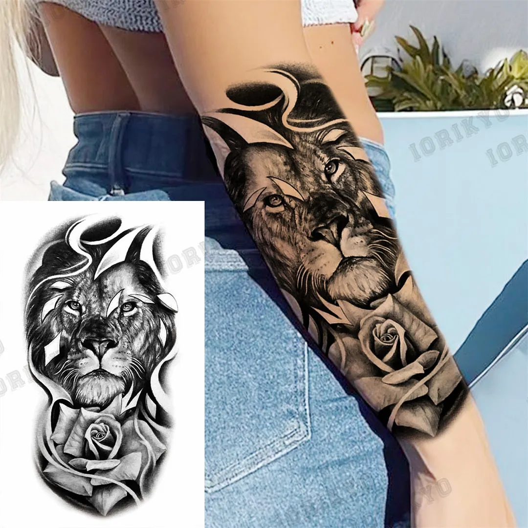 Black Lion Wolf Temporary Tattoos For Men Adult Forest Rose Compass Warrior Fake Tattoo Washable Body Art Painting Tatoo Sticker