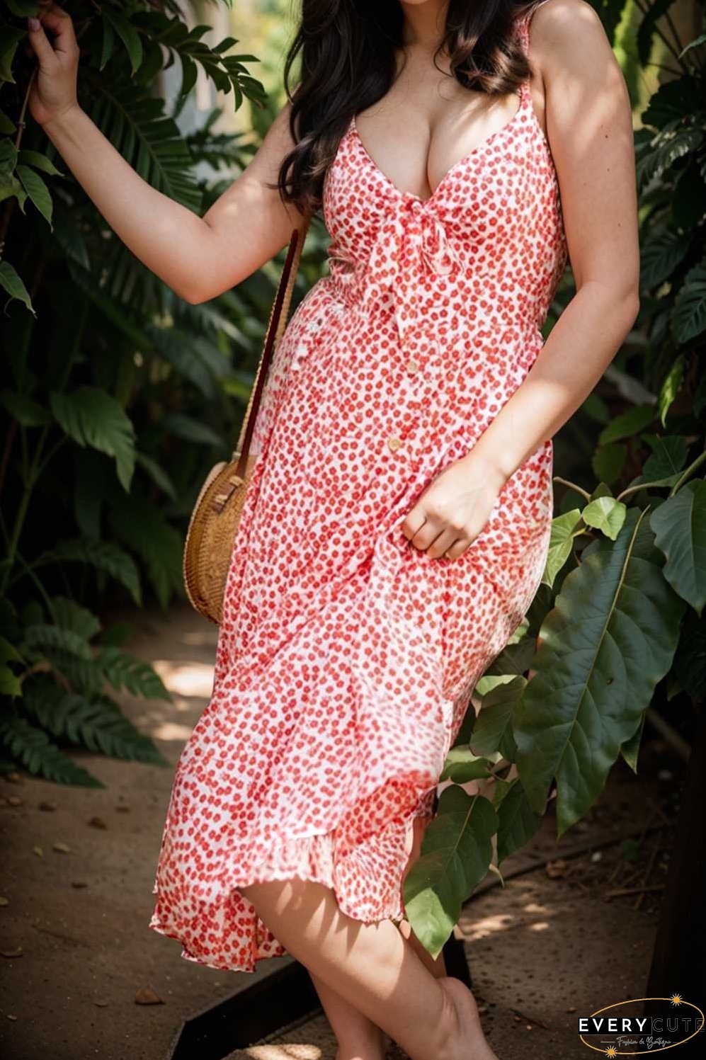 floral v neck tie spaghetti strap beach midi dress