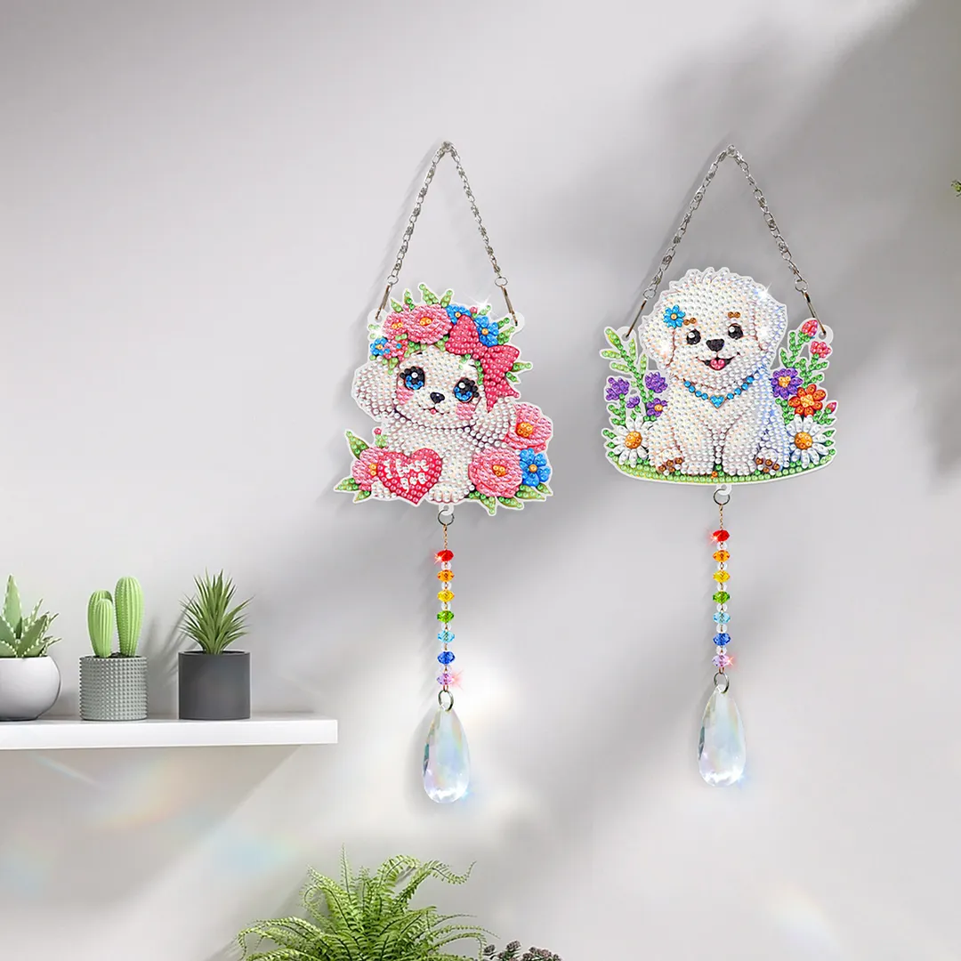 2Pcs Dog DIY Acrylic Diamond Painting Art Wind Chimes with Crystal Pendant Diamond Art Hanging Pendant Double-Sided for Adults Beginners Gift Home Garden Decor