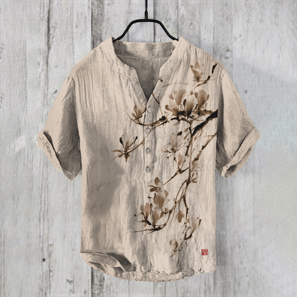 Vintage Japanese Magnolia Flower Casual Linen Blend Shirt  artssus