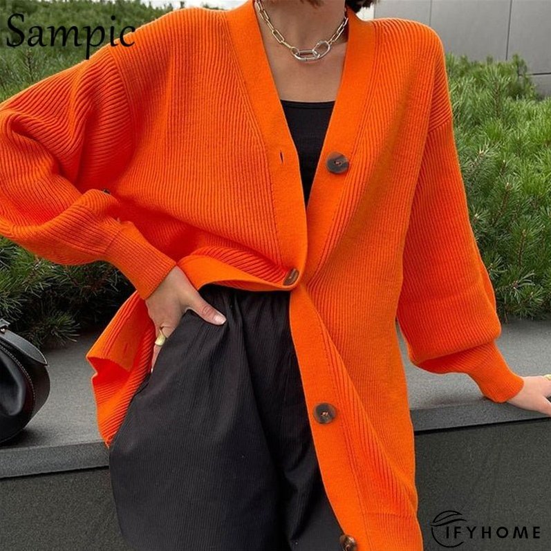 Christmas Gift Sampic Loose Patchwork Knitwear Winter Women Cardigans Tops Oversized Long Sleeve Y2K V Neck Sweater Casual Fashion Tops | IFYHOME