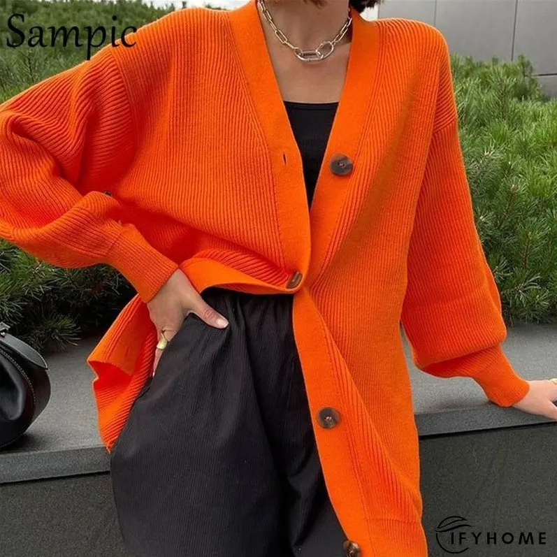 Christmas Gift Sampic Loose Patchwork Knitwear Winter Women Cardigans Tops Oversized Long Sleeve Y2K V Neck Sweater Casual Fashion Tops | IFYHOME