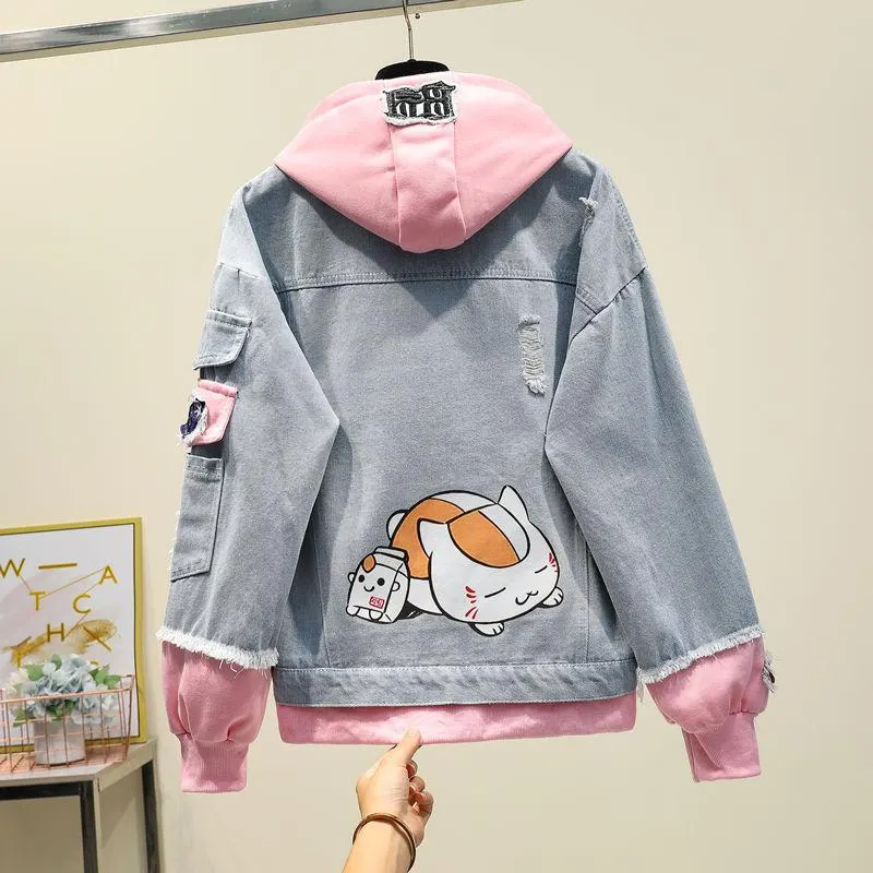 Fake Two-piece Hooded Denim Jacket Women Korean Loose Wild 2021 Autumn Winter New Chaqueta Mujer Hole Patch
