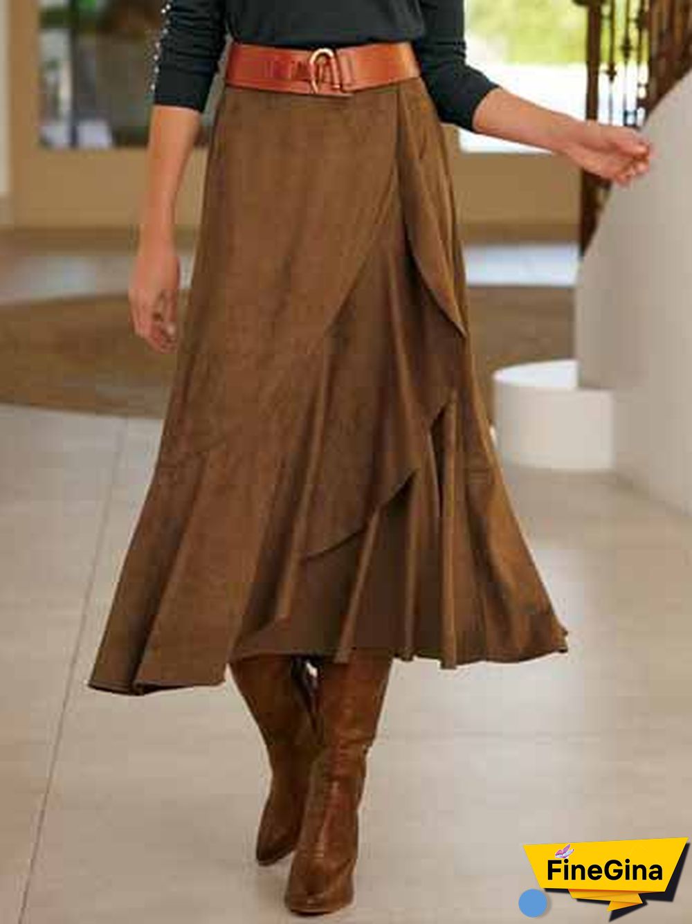 Casual Plain Autumn Suede Natural Daily Loose Midi A-Line Skirt for Women