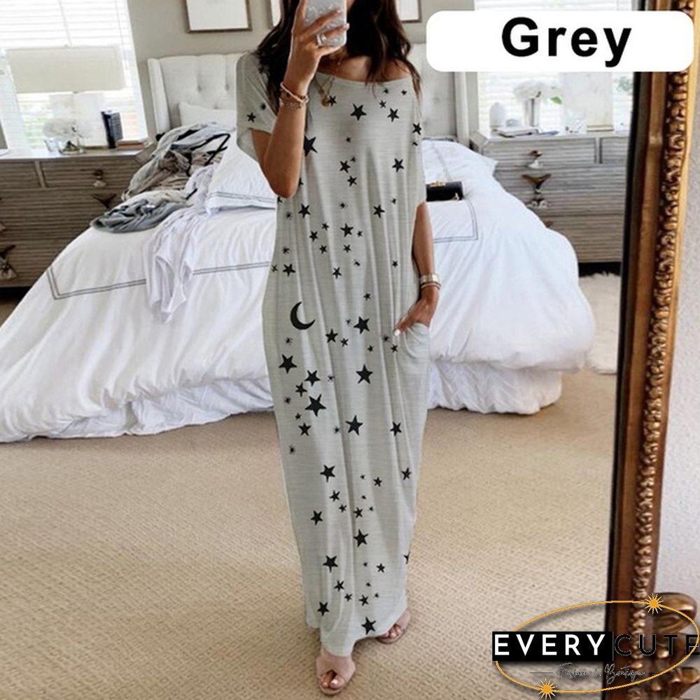 Plus Size Xs-5Xl Women Loose Casual Short Sleeve Moon Stars Print Maxi Dress Home Clothes Soft Long Dresses Homeware Vestidos Casuales