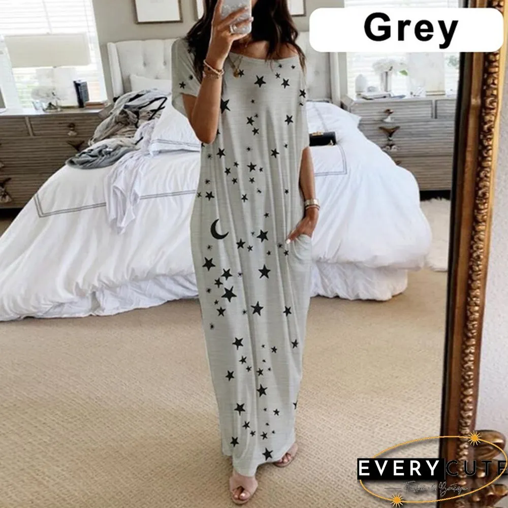 Plus Size Xs-5Xl Women Loose Casual Short Sleeve Moon Stars Print Maxi Dress Home Clothes Soft Long Dresses Homeware Vestidos Casuales