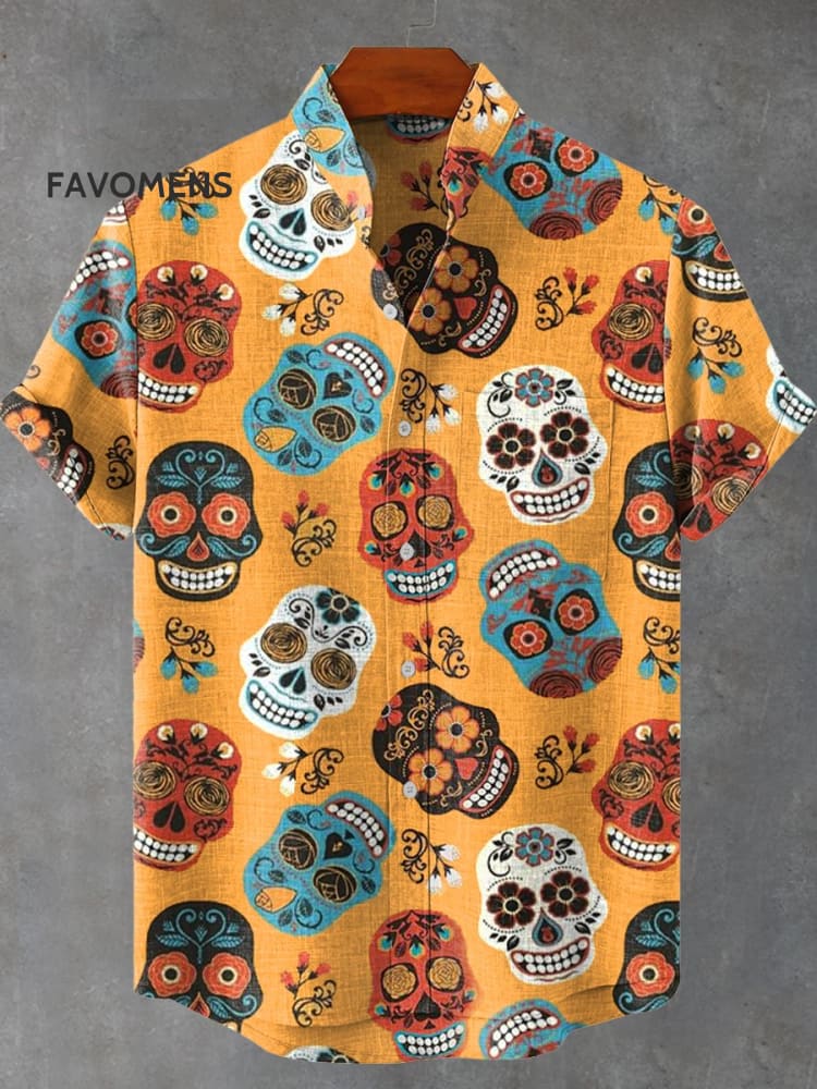 Mexico Undead Skull Painting Art Print Casual 100% Cotton Shirt Multicolor / S
