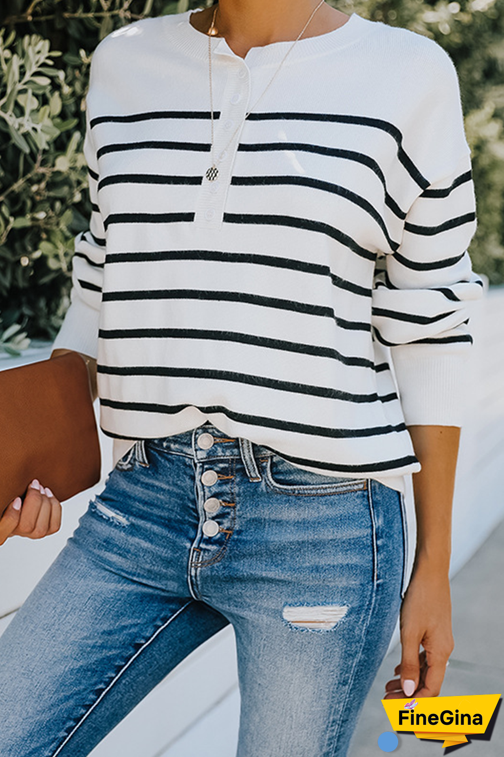 Street Striped Buckle O Neck Tops