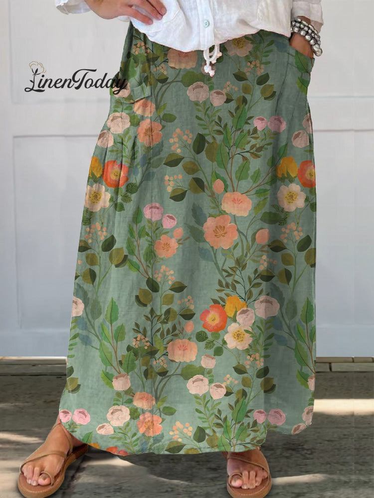 Women&rsquo;s Retro Floral Art Print Linen Pocket Skirt Green / S