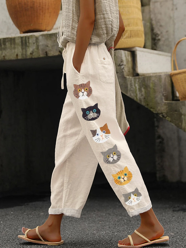 Cute Cats Animal Embroidery Pattern Linen Pants