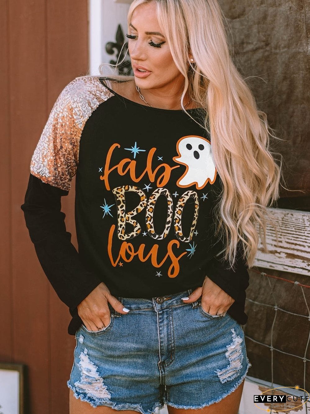 Halloween Graphic Raglan Top with Sequins