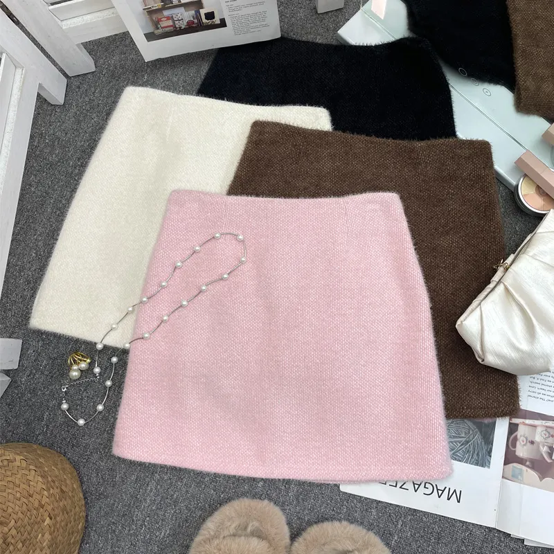 Uveng Real Shooting Pink Hair This Dress Girl Autumn And Winter High Waist A-Buffed Short Skirt Anti-Light One-Step Skirt 8871