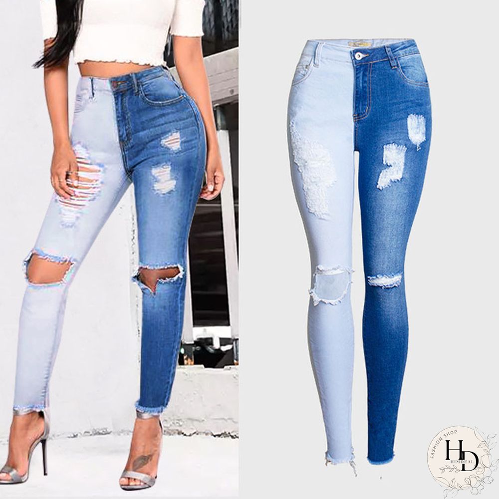 Fashion-Spring And Summer Hot Selling Small Leg Pants Broken Holes Stretch Slim Body Patchwork Color Pencil Pants Woman