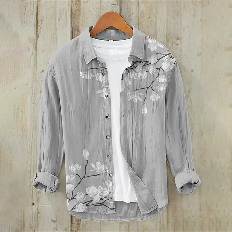 Men's Vintage Japanese Art Floral Casual Linen Blend Shirt