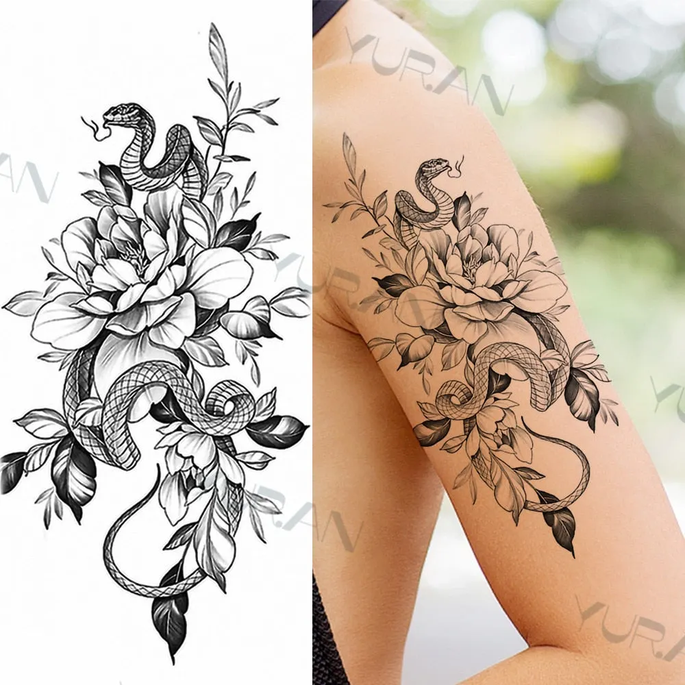 Black Large Snake Flower Fake Tattoo Sticker For Women Dot Rose Peony Temporary Tattoos DIY Water Transfer Tatoos Girls 530