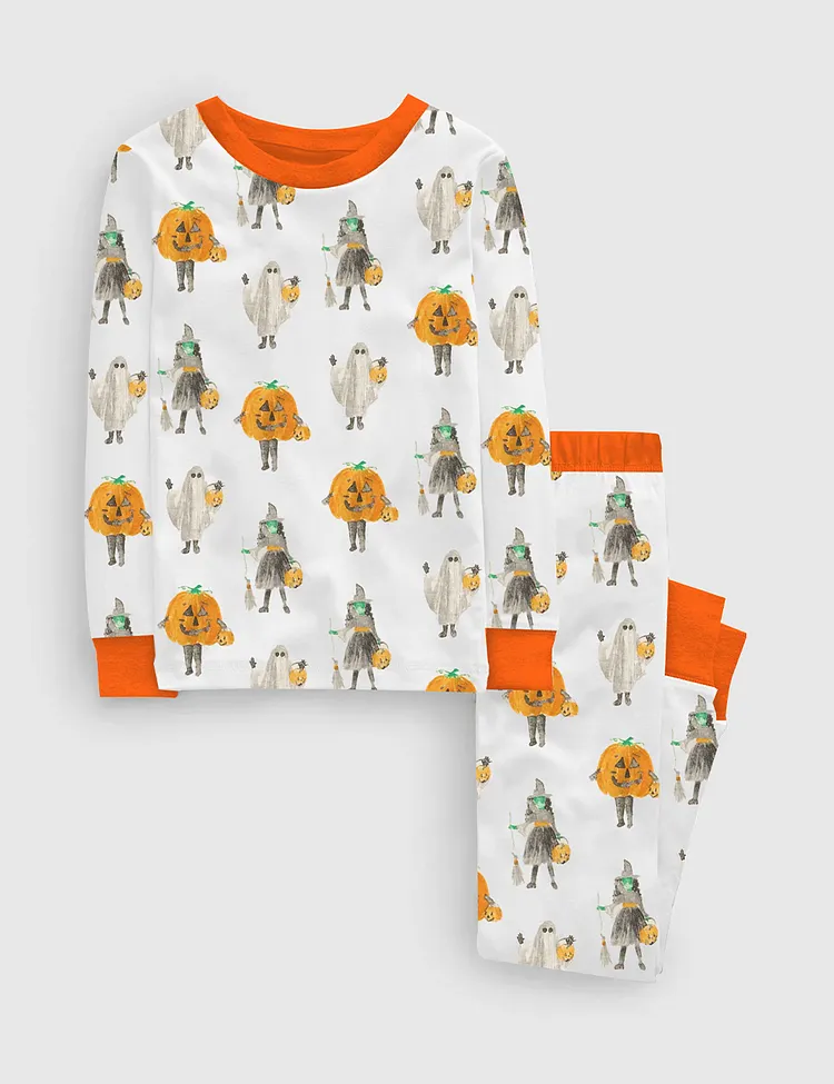 Kid's Witchy Halloween Spooky Pumpkin Aesthetics Witchy Halloween Witch Print Long Sleeve Pajama Set