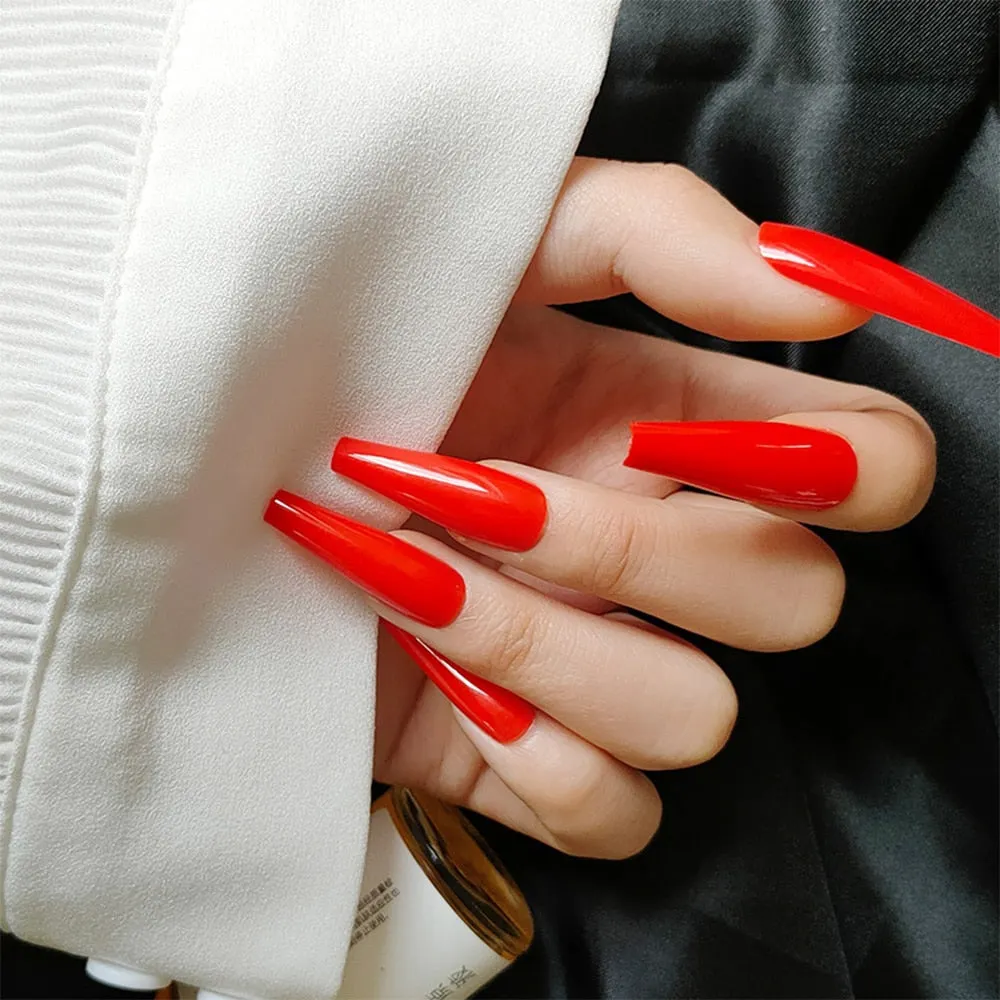 24Pcs Detachable False Nails Long Ballerina Artificial Fake Nails Full Cover Jelly Red Coffin Nail Tips DIY Manicure Tool 515-Nail Inspo