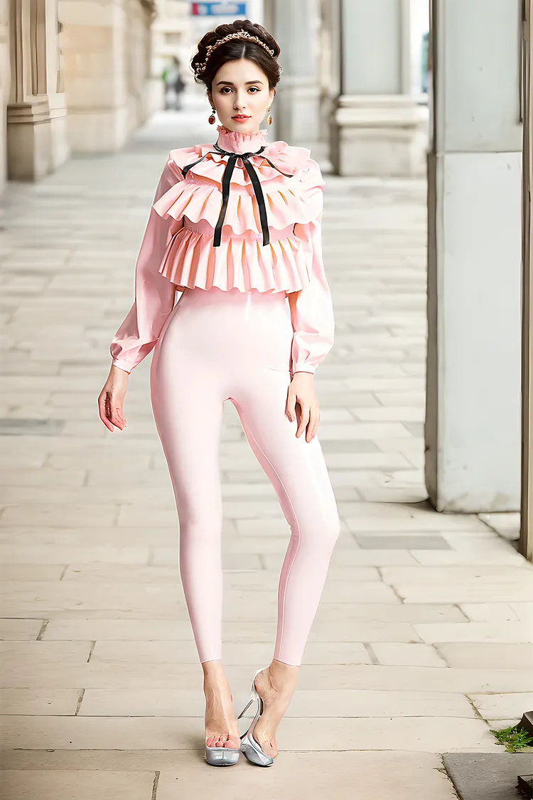 Women Latex Catsuits Frills Galore ruffled high neck bow