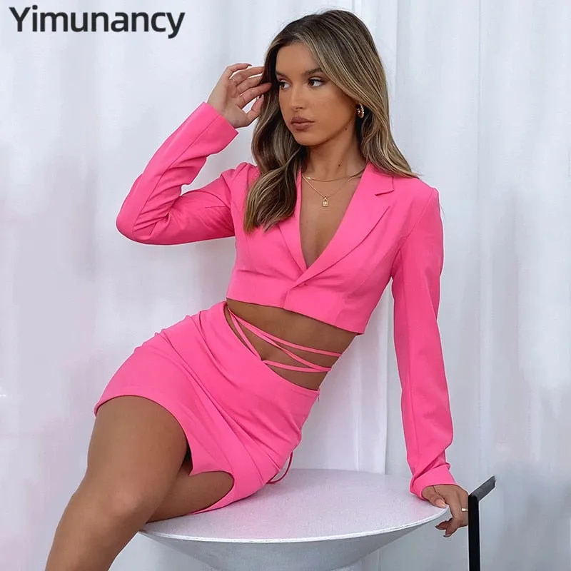 Yimunancy 2-Piece Blazer Sets V Neck Cropped Blazer + High Waist Skirt 2021 Autumn Button Notched Lace Up Matching Set