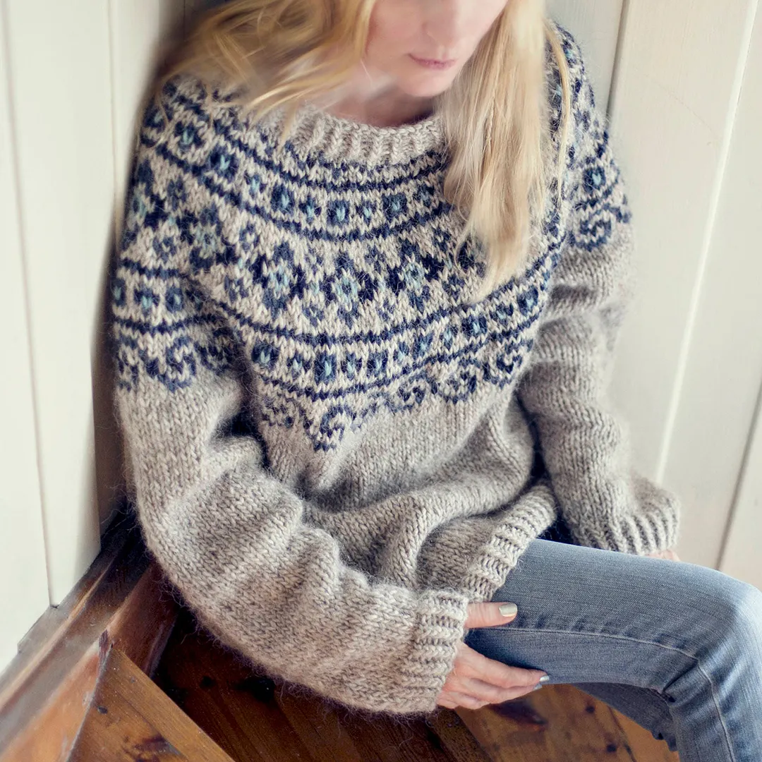 Vintage Beautiful Norwegian Knit Jacquard Crew Neck Sweater（Unisex）