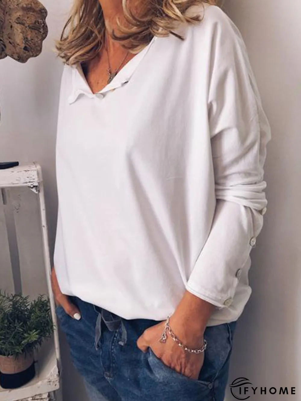 Casual Cotton V Neck Long Sleeve T-Shirt | IFYHOME