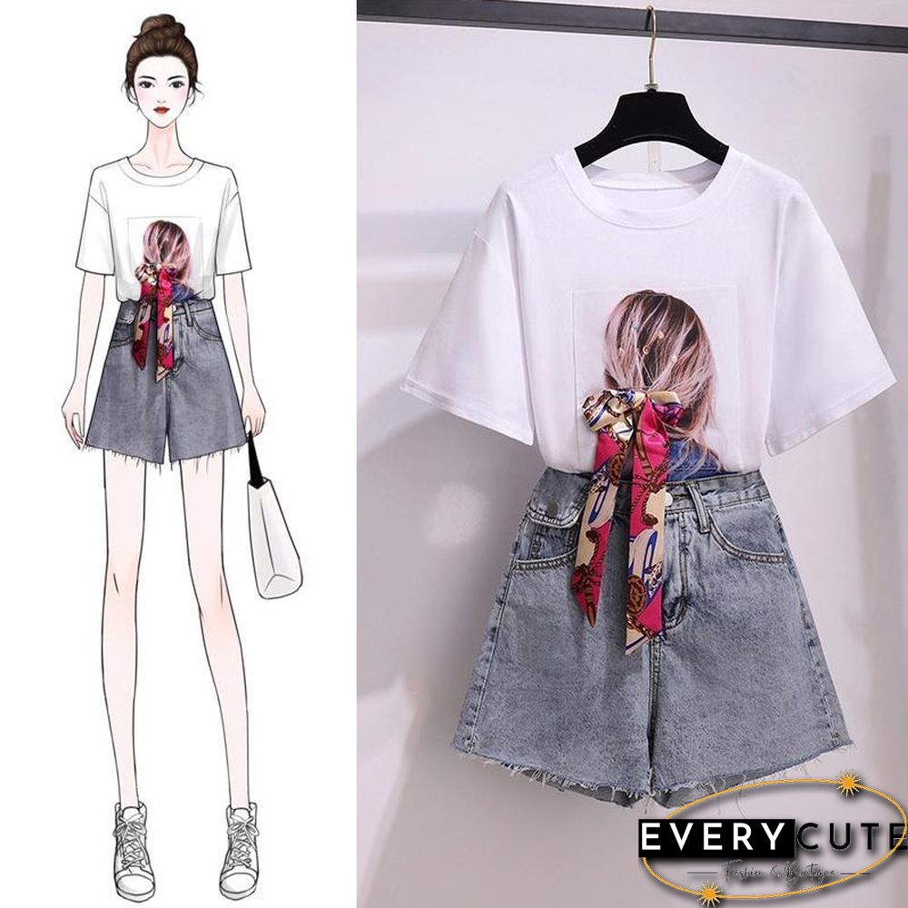 Fashion Print Tee+ Denim Shorts P11654