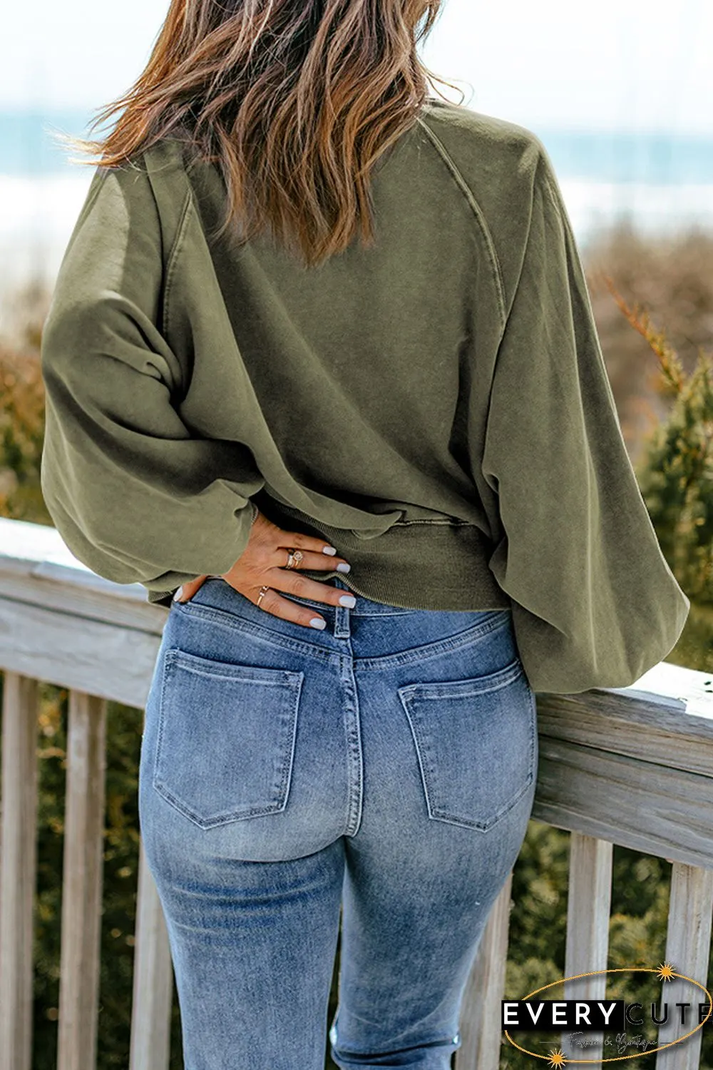 Green Washed Snap Buttons Lantern Sleeve Pullover Sweatshirt