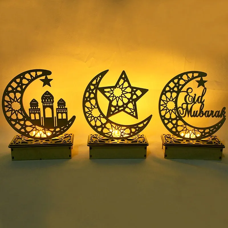 LED Eid Mubarak Wooden DIY Craft Ornament Pendant Islam Muslim Party Home Decoration Al Adha Ramadan Kareem Event Party Supplies