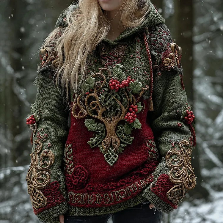 Women's Celtic Tree Of Life Christmas Tree Knit Hooded Sweater