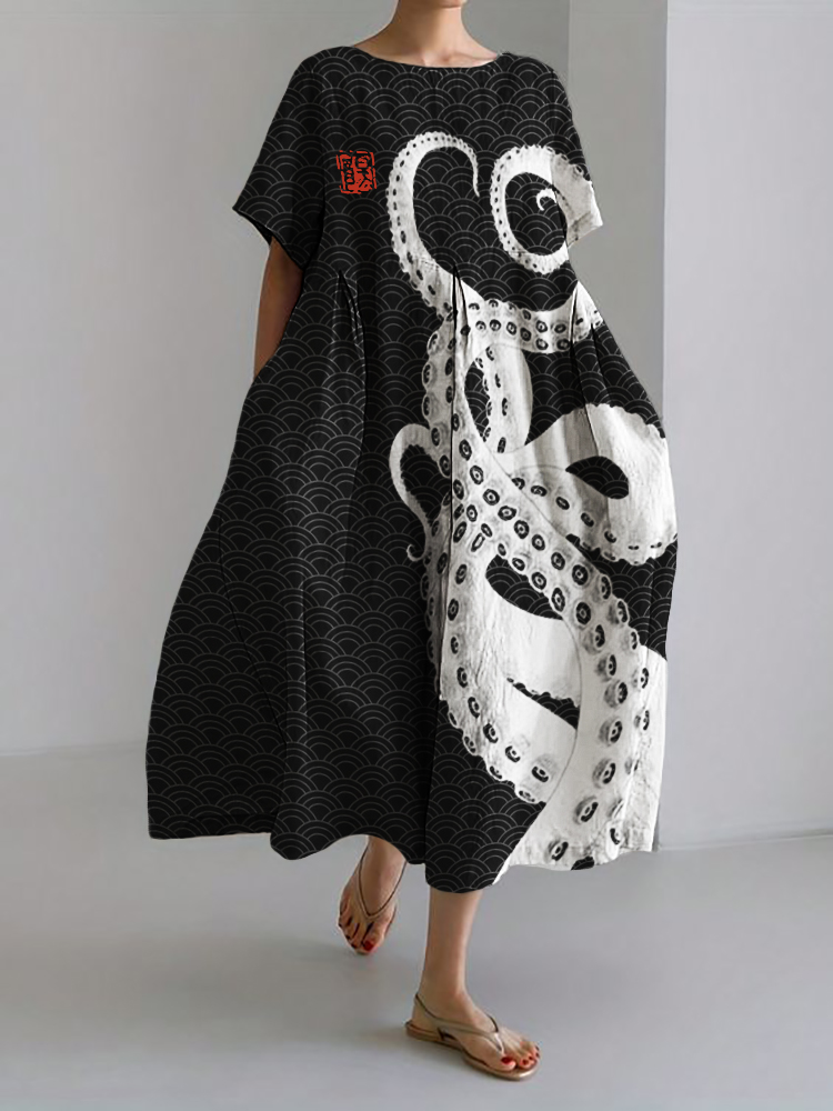 Octopus Tentacles Sea Waves Pattern Linen Blend Maxi Dress