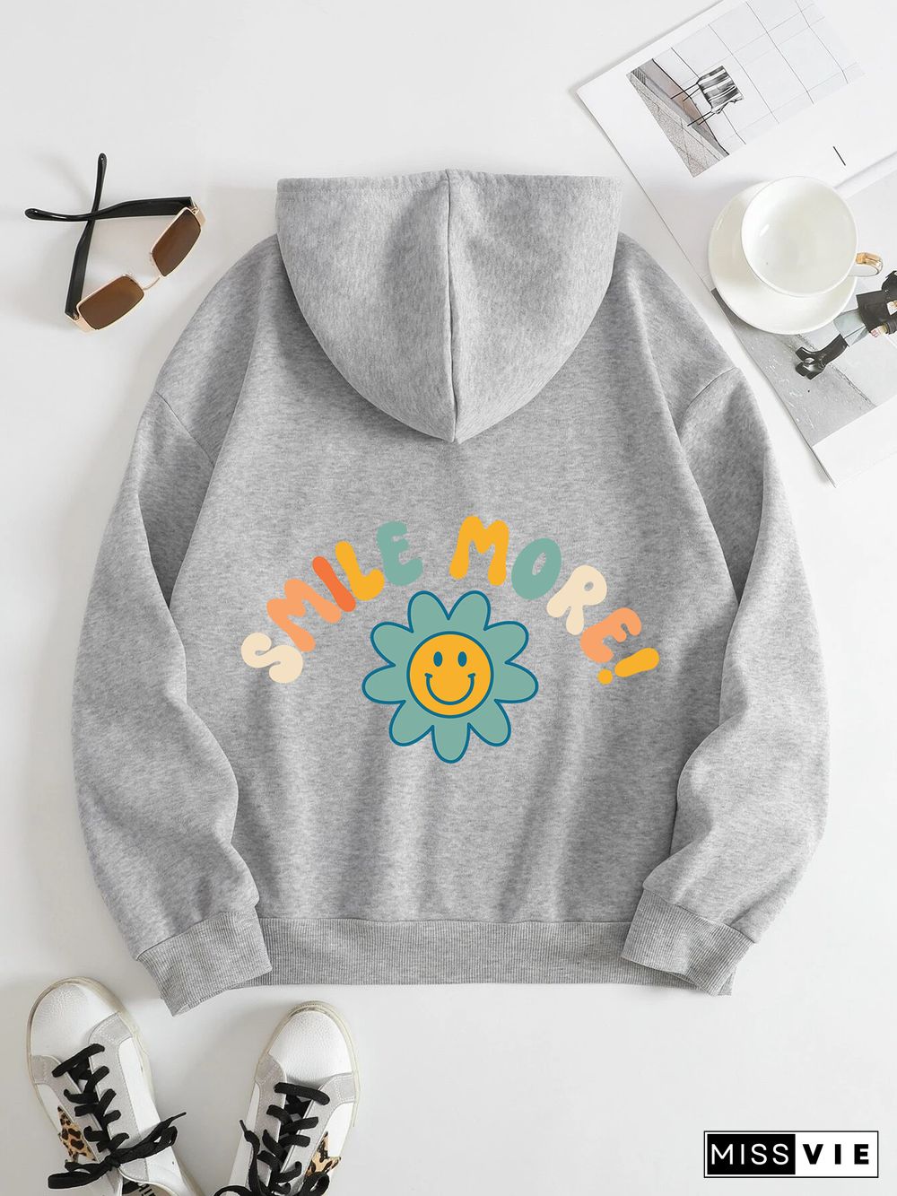 Printed on the Back Kangaroo Pocket Hoodie Long Sleeve for Women Pattern smile more