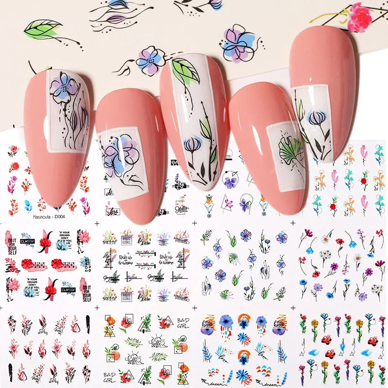 12Styles Harunouta Spring Summer Alphabet Flower Leaves Nail Water Decals Popular Geometric Lines Transfer Stickers Decoration