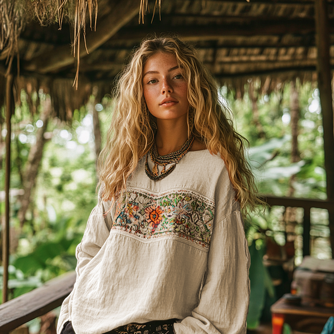 Retro Bohemian Art Embroidery Print Cotton And Linen Blend Loose Blouse elevenforest