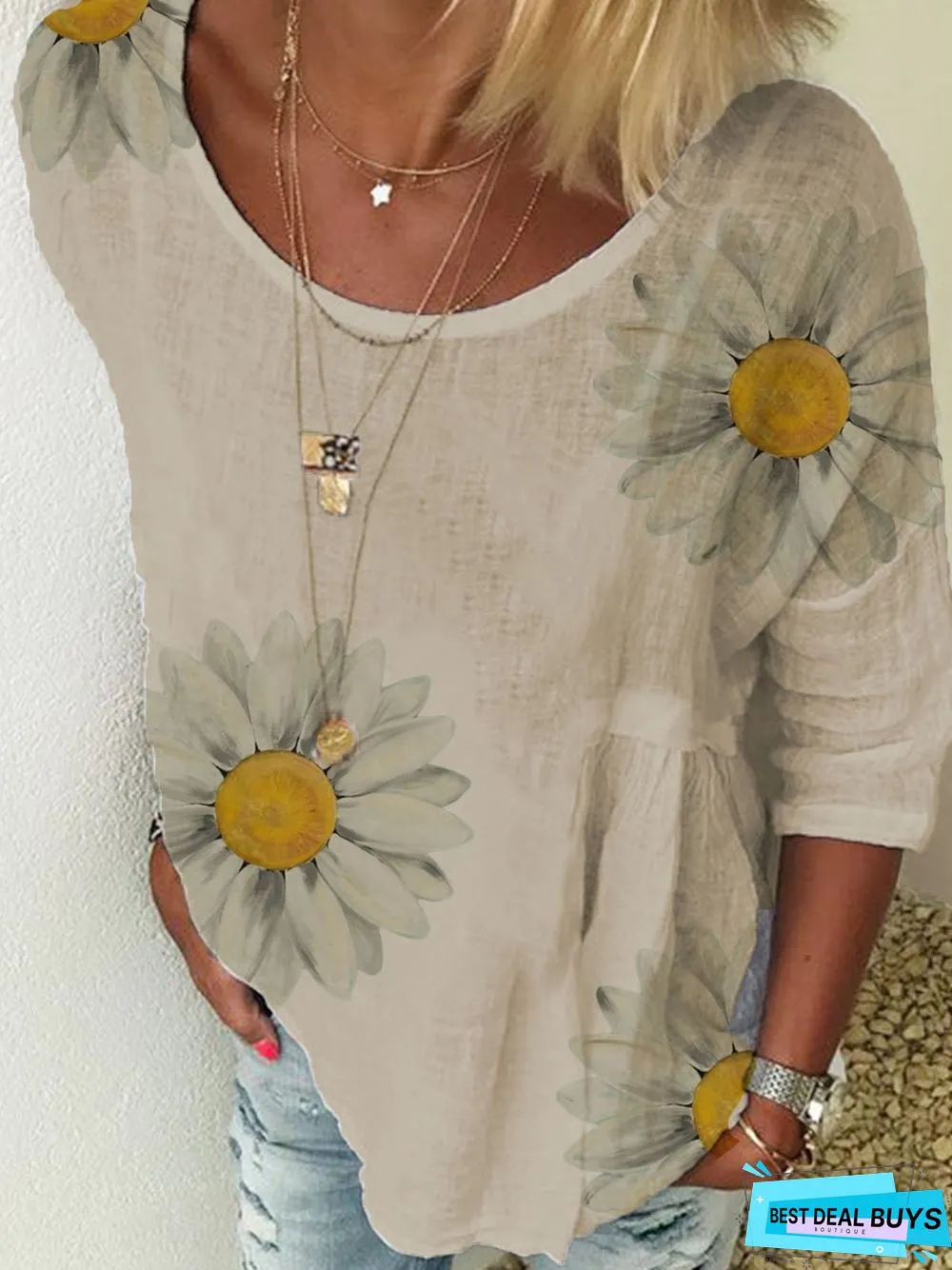 Floral Crew Neck Loose Cotton-Blend Tunic Sweatshirt