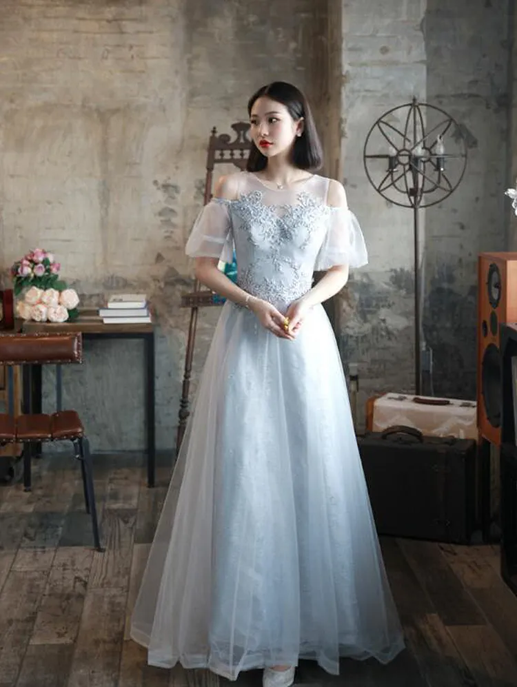 Off Shoulder Tulle Evening Dress A Line Applique Short Sleeve Modern Prom Party Gowns