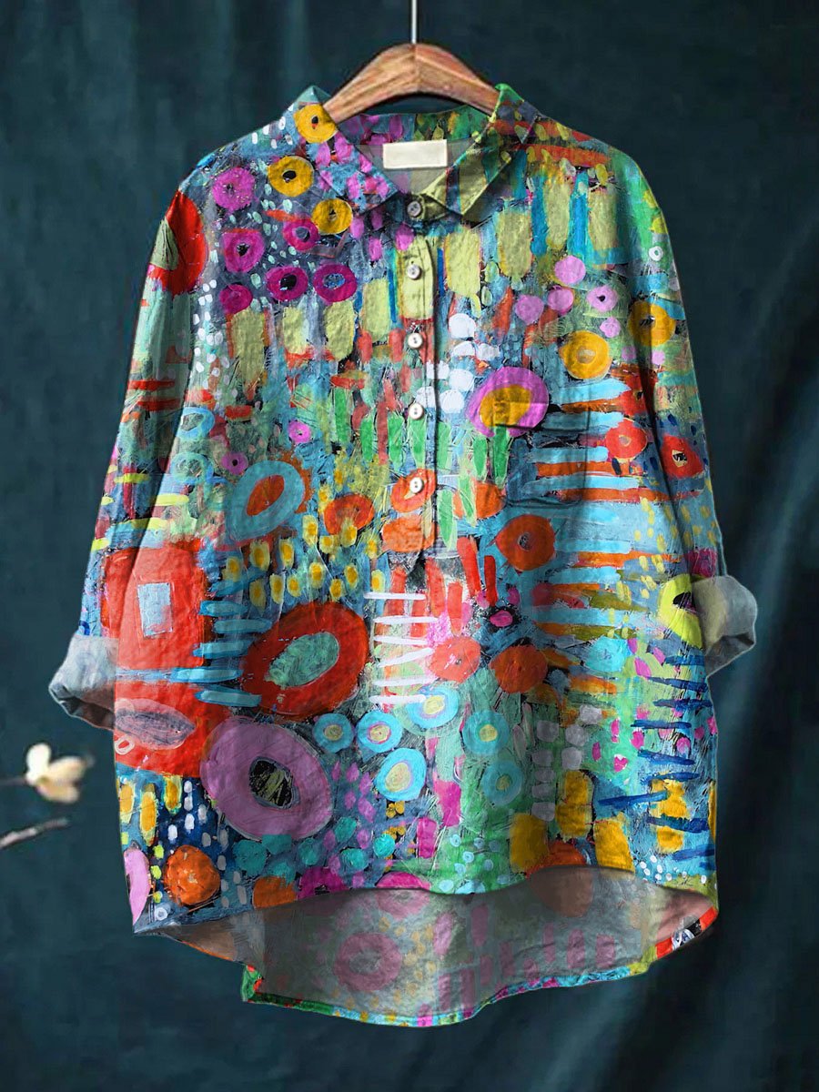 Vintage Lovely Floral Art Print Casual Cotton And Linen Shirt